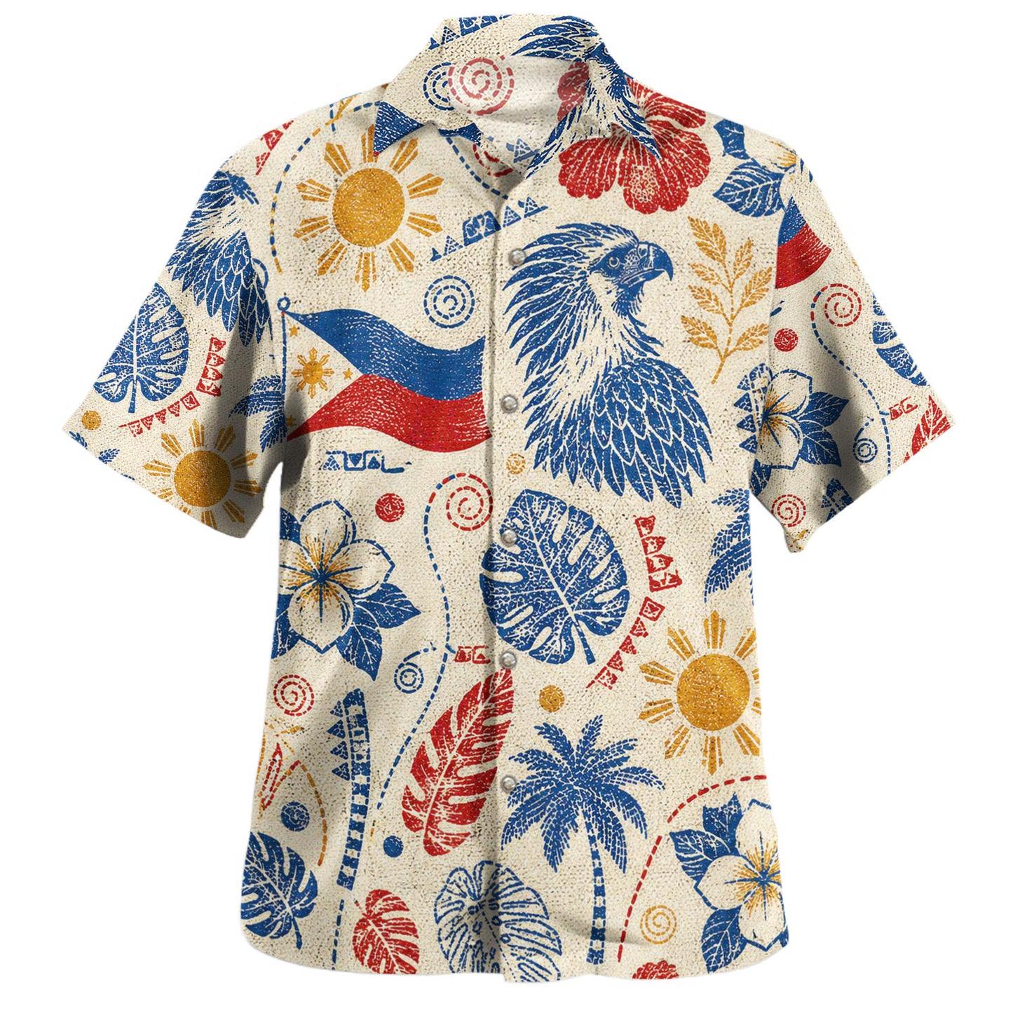 Philippines Filipinos Hawaiian Shirt Eagle Sun Flag Tropical Floral Vintage Stamp Style