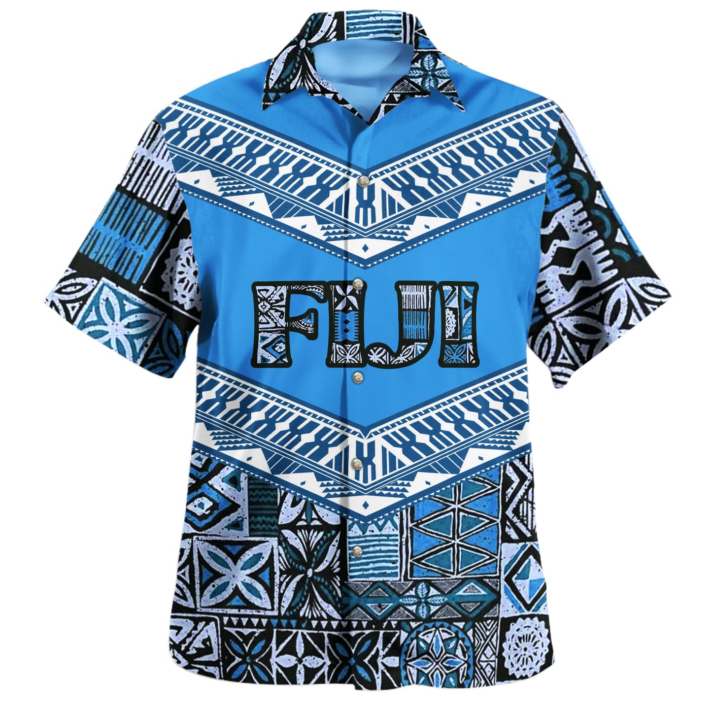 Fiji Hawaiian Shirt Born and Bred Blue Island Mosaic Style