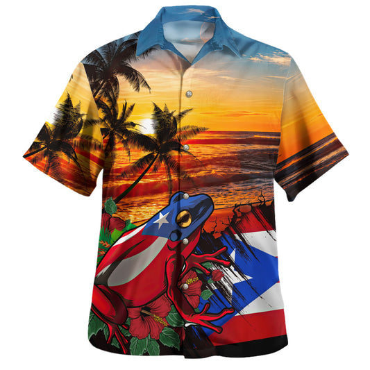 Puerto Rico Hawaiian Shirt Coqui Flag Sunset Beach Style