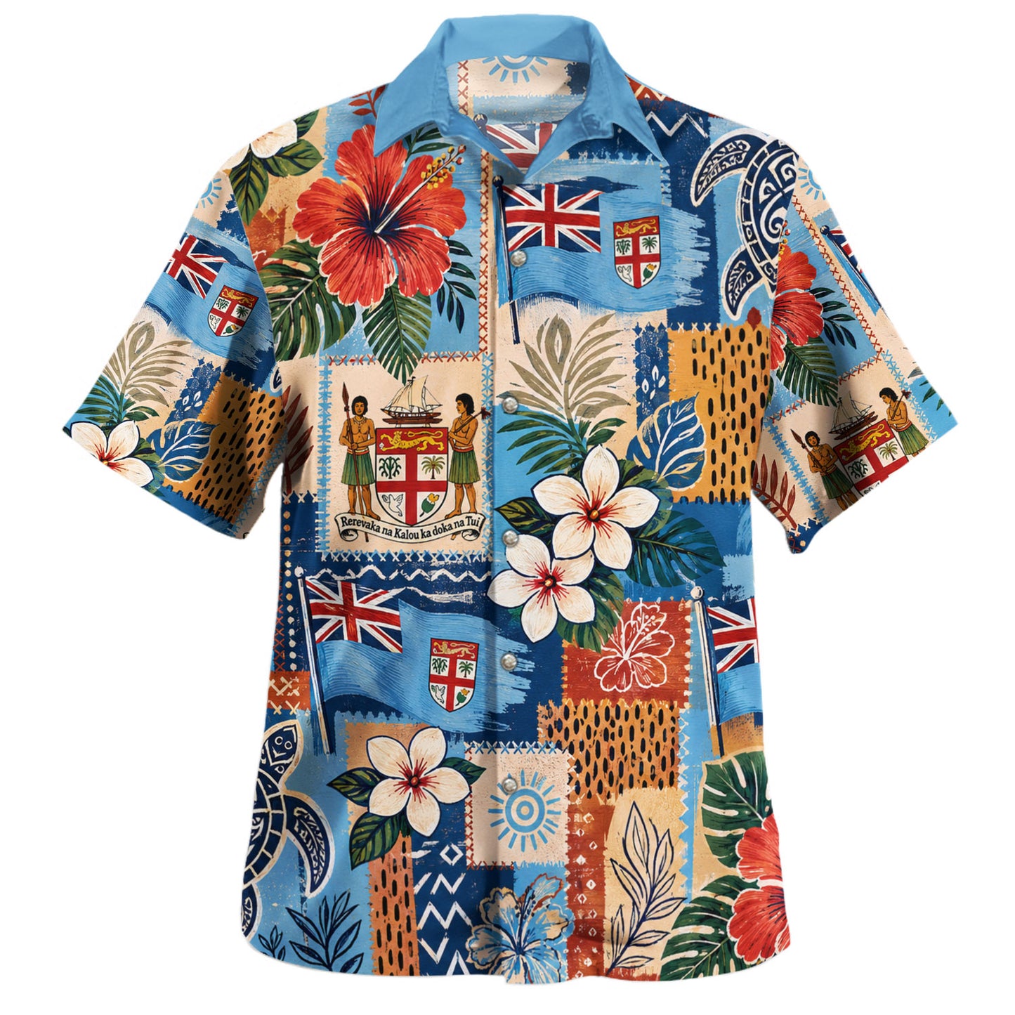 Fiji Hawaiian Shirt Flag Coat Of Arms Hibiscus Turtle Patchwork Style