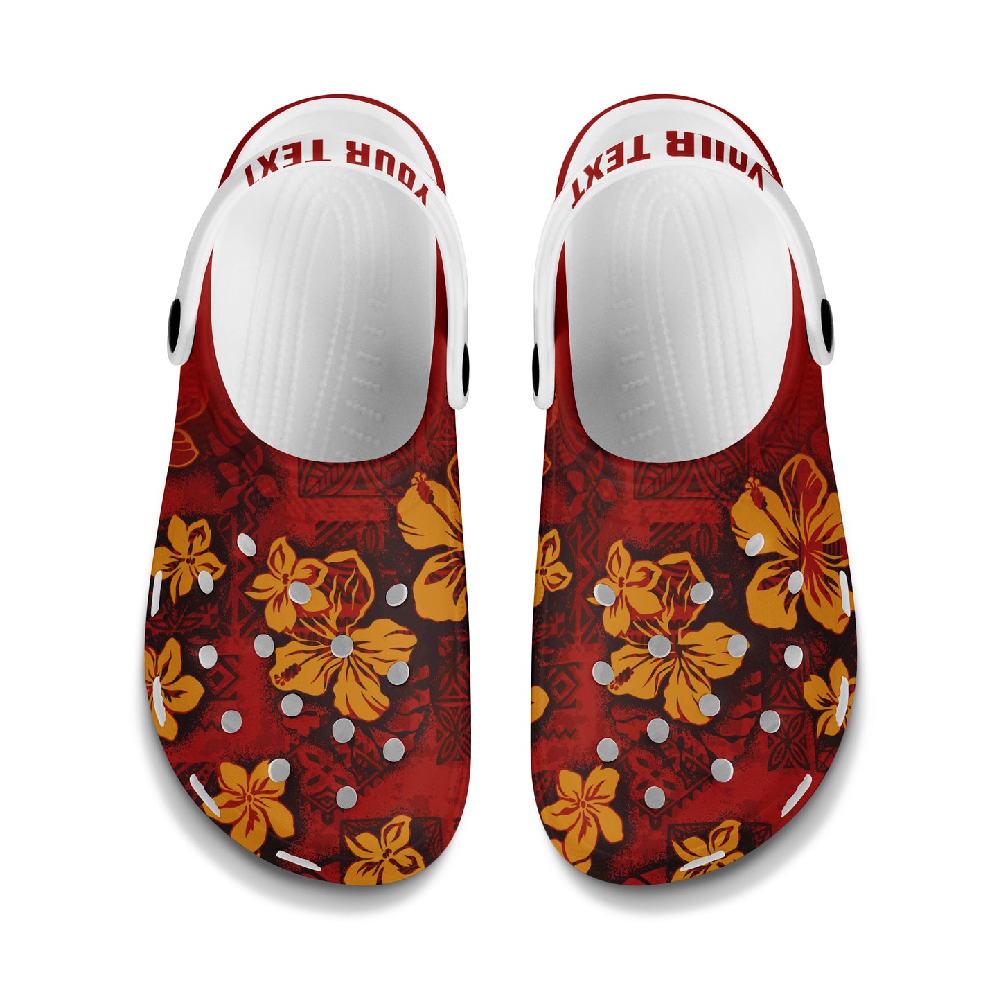Hawaii Clogs Shoes Custom Text Hawaiian Tribal Elements And Hibiscus Flowers