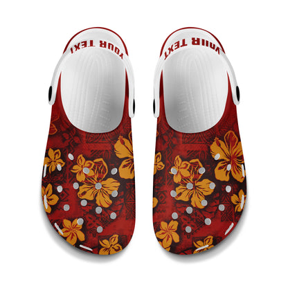 Hawaii Clogs Shoes Custom Text Hawaiian Tribal Elements And Hibiscus Flowers