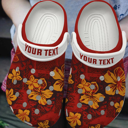 Hawaii Clogs Shoes Custom Text Hawaiian Tribal Elements And Hibiscus Flowers