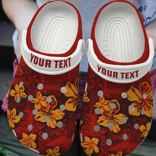 Hawaii Clogs Shoes Custom Text Hawaiian Tribal Elements And Hibiscus Flowers