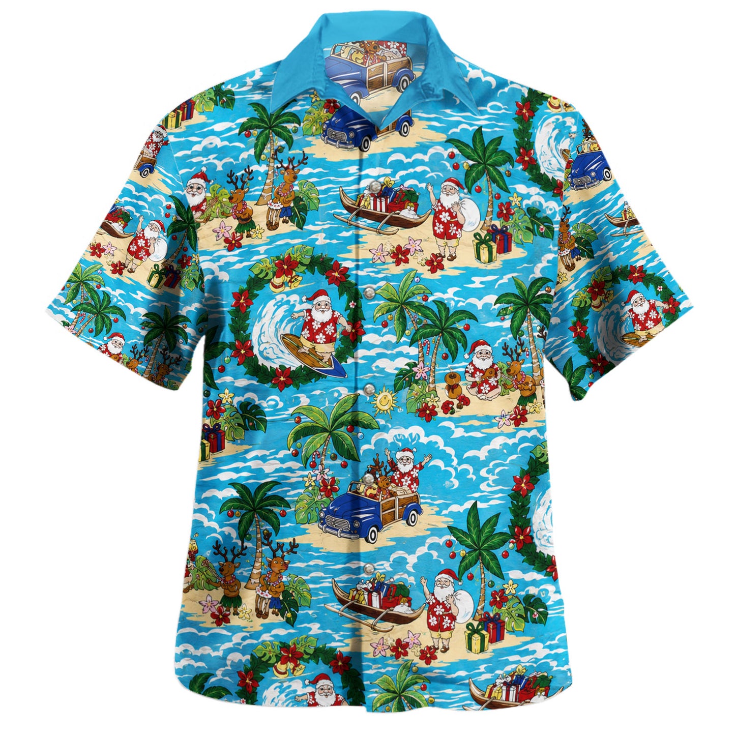 Hawaii Hawaiian Shirt Mele Kalikimaka Coastal Santa Adventure Style