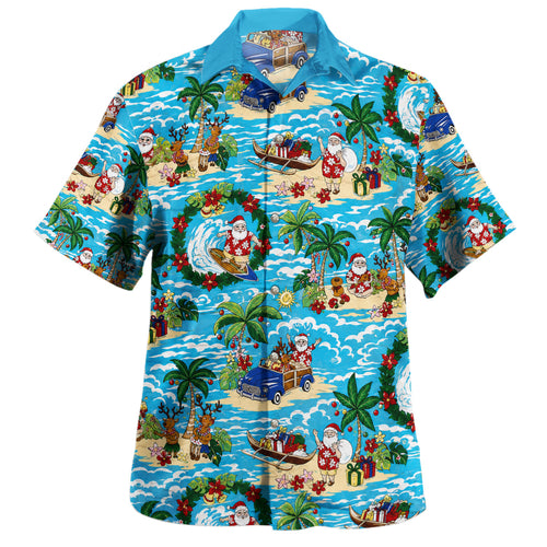 Hawaii Hawaiian Shirt Mele Kalikimaka Coastal Santa Adventure Style