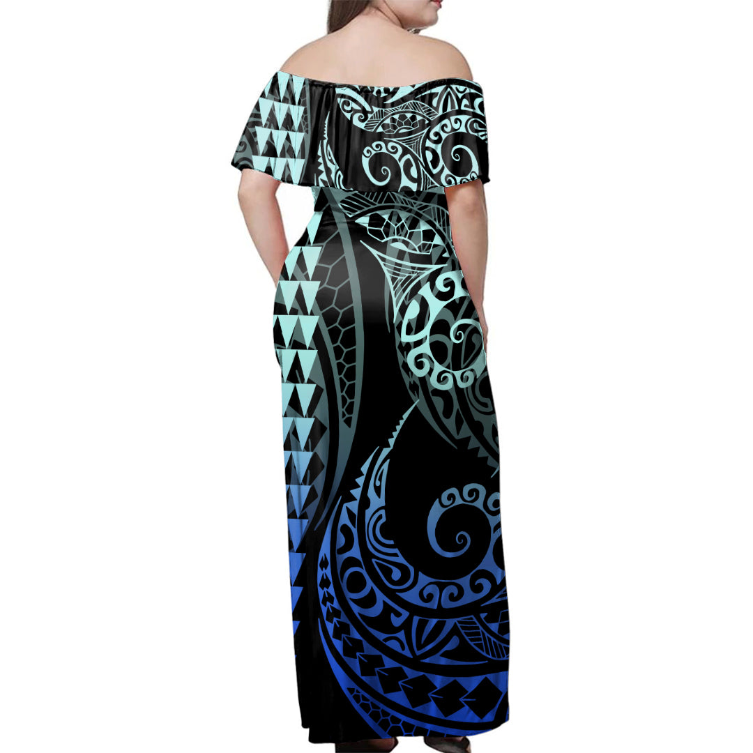 Hawaii Woman Off Shoulder Long Dress Tribal Hawaiian Map Kakau Blue Style