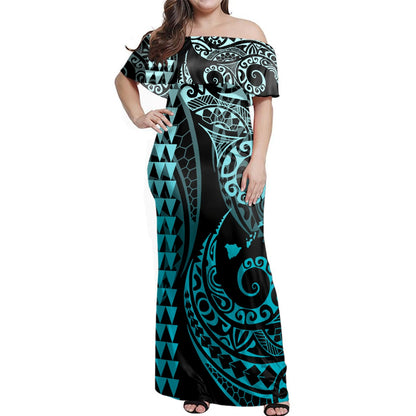 Hawaii Polynesian Combo Dress And Shirt Hawaiian Map Kakau Style Turquoise