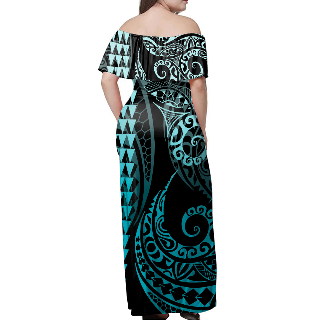 Hawaii Woman Off Shoulder Long Dress Tribal Hawaiian Map Kakau Turquoise Style