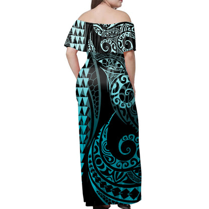 Hawaii Woman Off Shoulder Long Dress Tribal Hawaiian Map Kakau Turquoise Style