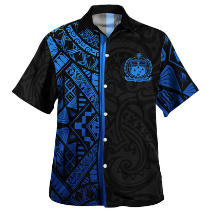 Samoa Hawaiian Shirt - Samoa Coat Of Arms With Polynesian Tribal Pattern Blue