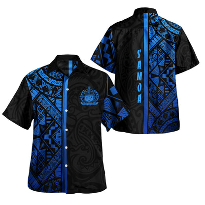 Samoa Hawaiian Shirt - Samoa Coat Of Arms With Polynesian Tribal Pattern Blue