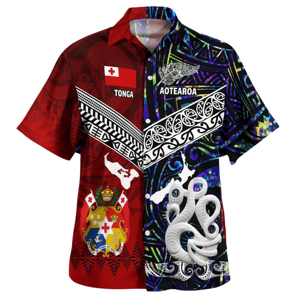Tonga Polynesian Hawaiian Shirt - Tonga And Aotearoa Polynesian Coat Of Arms