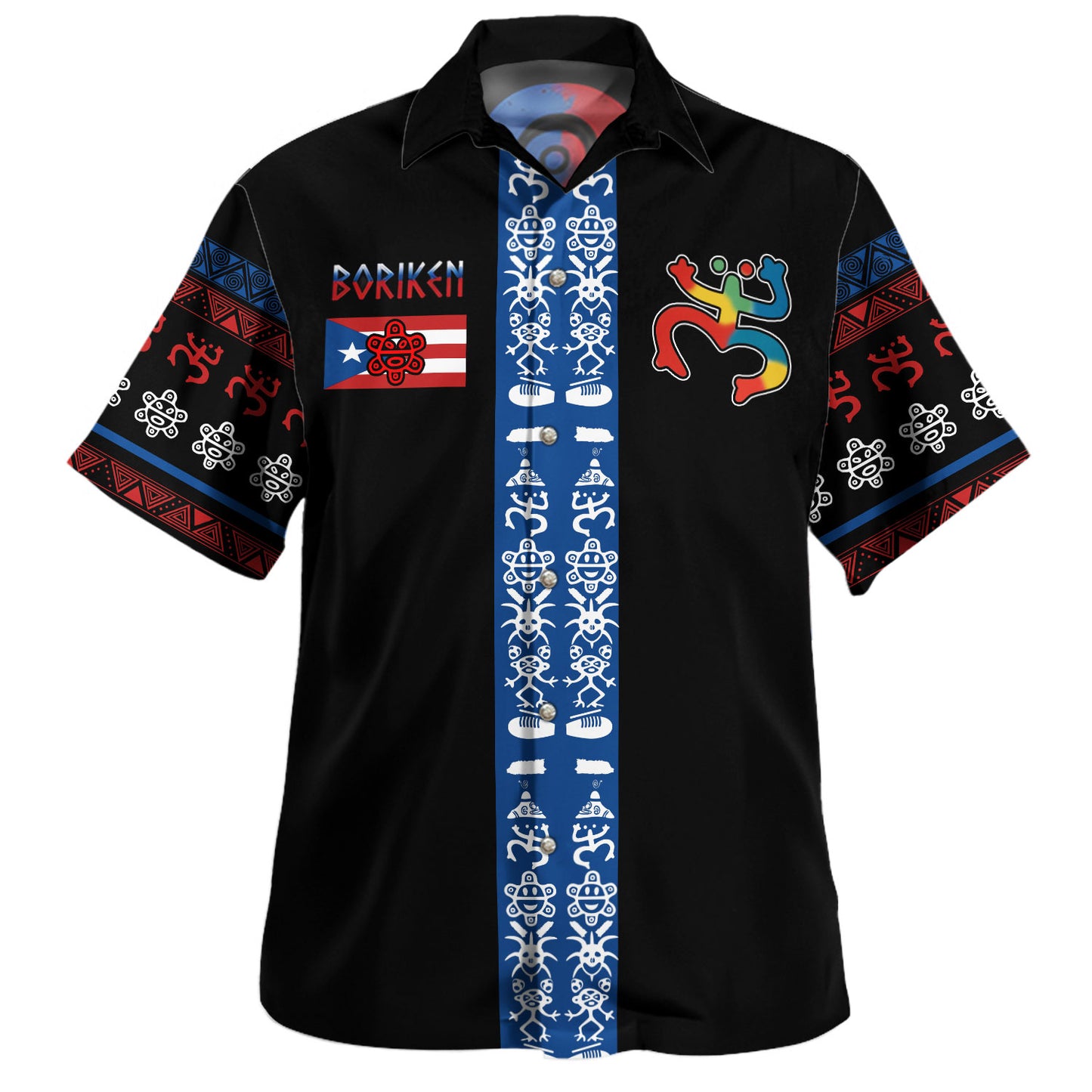 Puerto Rico Hawaiian Shirt Boriken Taino Symbols Flag Hibiscus Style