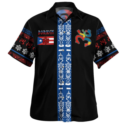 Puerto Rico Hawaiian Shirt Boriken Taino Symbols Flag Hibiscus Style