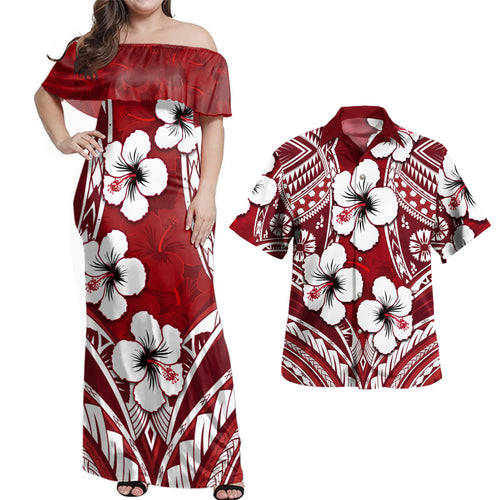 Fiji Combo Dress And Shirt Hibiscus Red Pattern