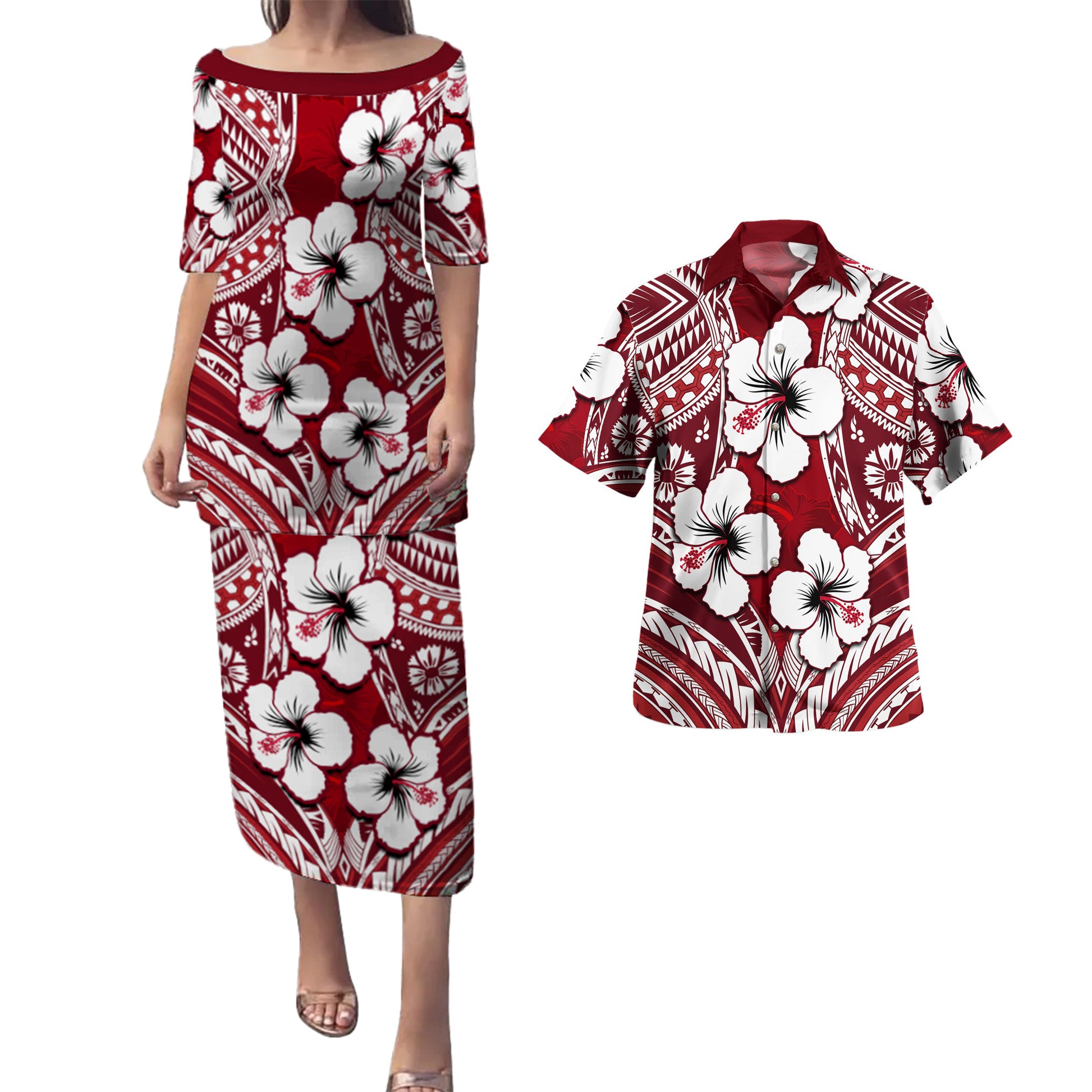 Fiji Combo Puletasi And Shirt Hibiscus Red Pattern