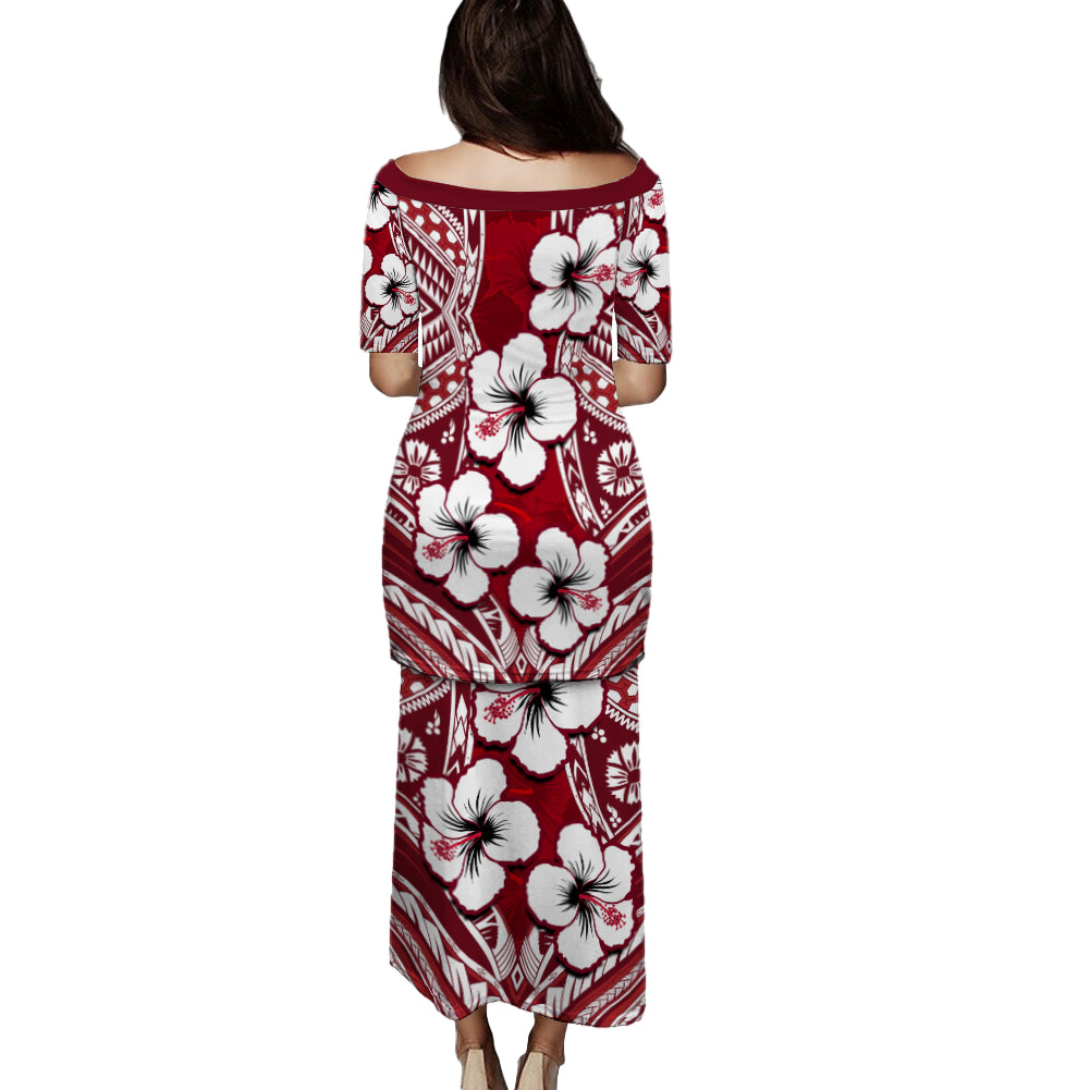 Fiji Combo Puletasi And Shirt Hibiscus Red Pattern