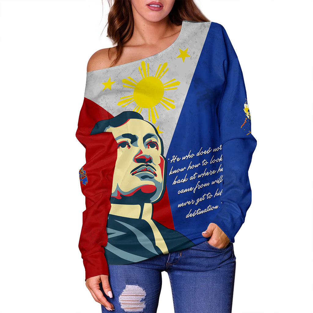 Philippines Filipinos Off Shoulder Sweatshirt Jose Rizal Flag Map Country Grunge