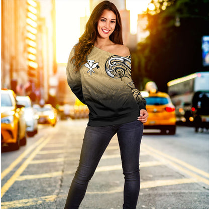 Hawaii Off Shoulder Sweatshirt Kanaka Map Polynesian Tribal Style