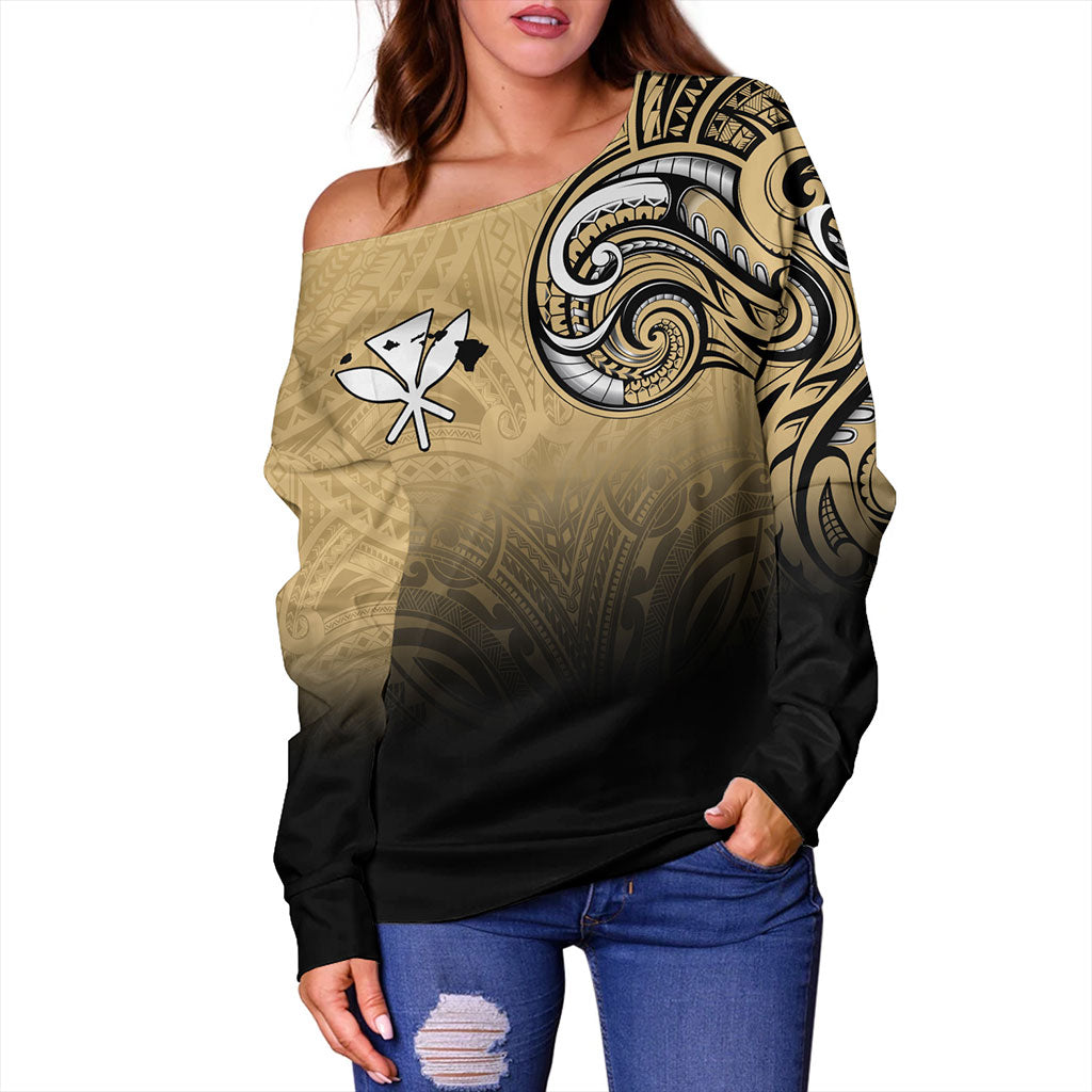 Hawaii Off Shoulder Sweatshirt Kanaka Map Polynesian Tribal Style