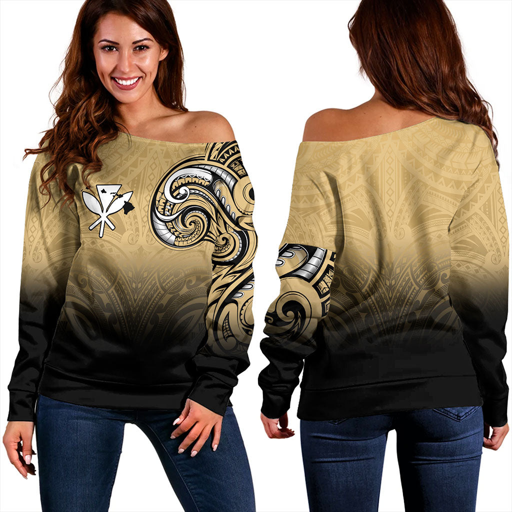 Hawaii Off Shoulder Sweatshirt Kanaka Map Polynesian Tribal Style