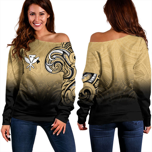 Hawaii Off Shoulder Sweatshirt Kanaka Map Polynesian Tribal Style