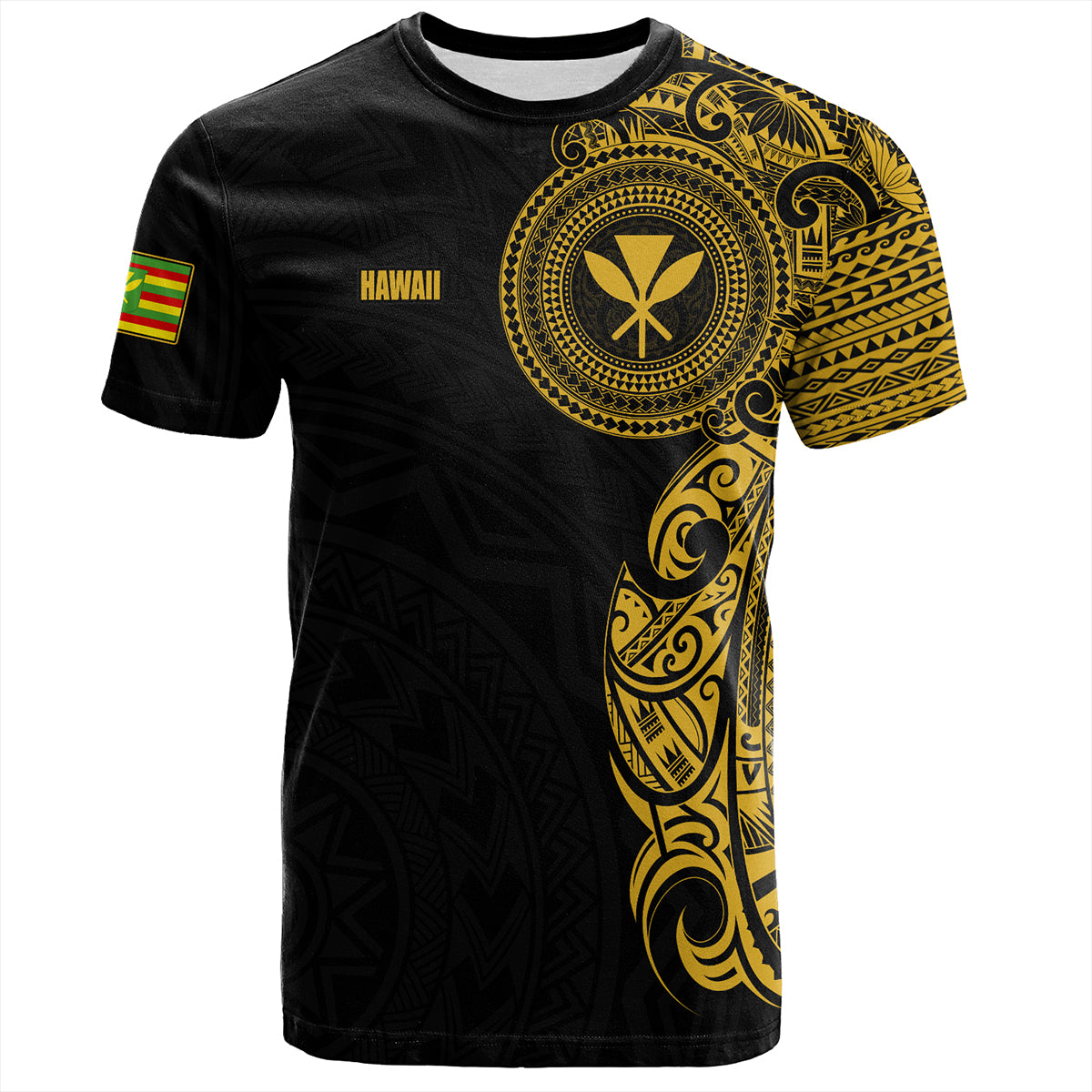 Hawaii Kanaka Maoli T-Shirt - Custom Polynesian Half Sleeve Gold Tattoo With Kahili Black