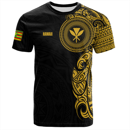 Hawaii Kanaka Maoli T-Shirt - Custom Polynesian Half Sleeve Gold Tattoo With Kahili Black