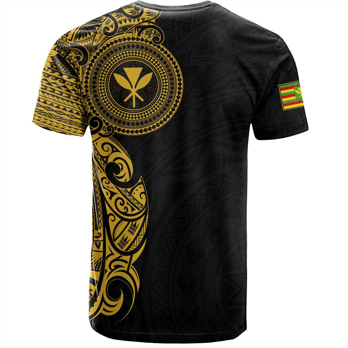 Hawaii Kanaka Maoli T-Shirt - Custom Polynesian Half Sleeve Gold Tattoo With Kahili Black