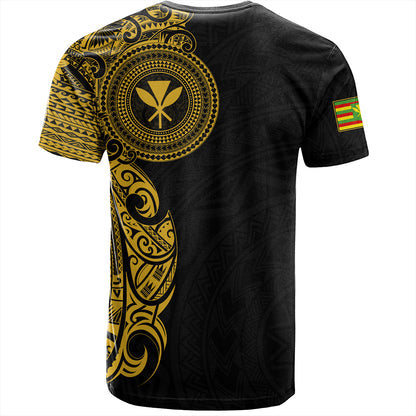 Hawaii Kanaka Maoli T-Shirt - Custom Polynesian Half Sleeve Gold Tattoo With Kahili Black
