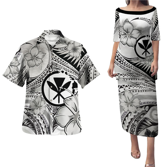 Hawaii Kanaka Maoli Combo Puletasi And Shirt Polynesian Tribal Waves Patterns Hibiscus Flowers