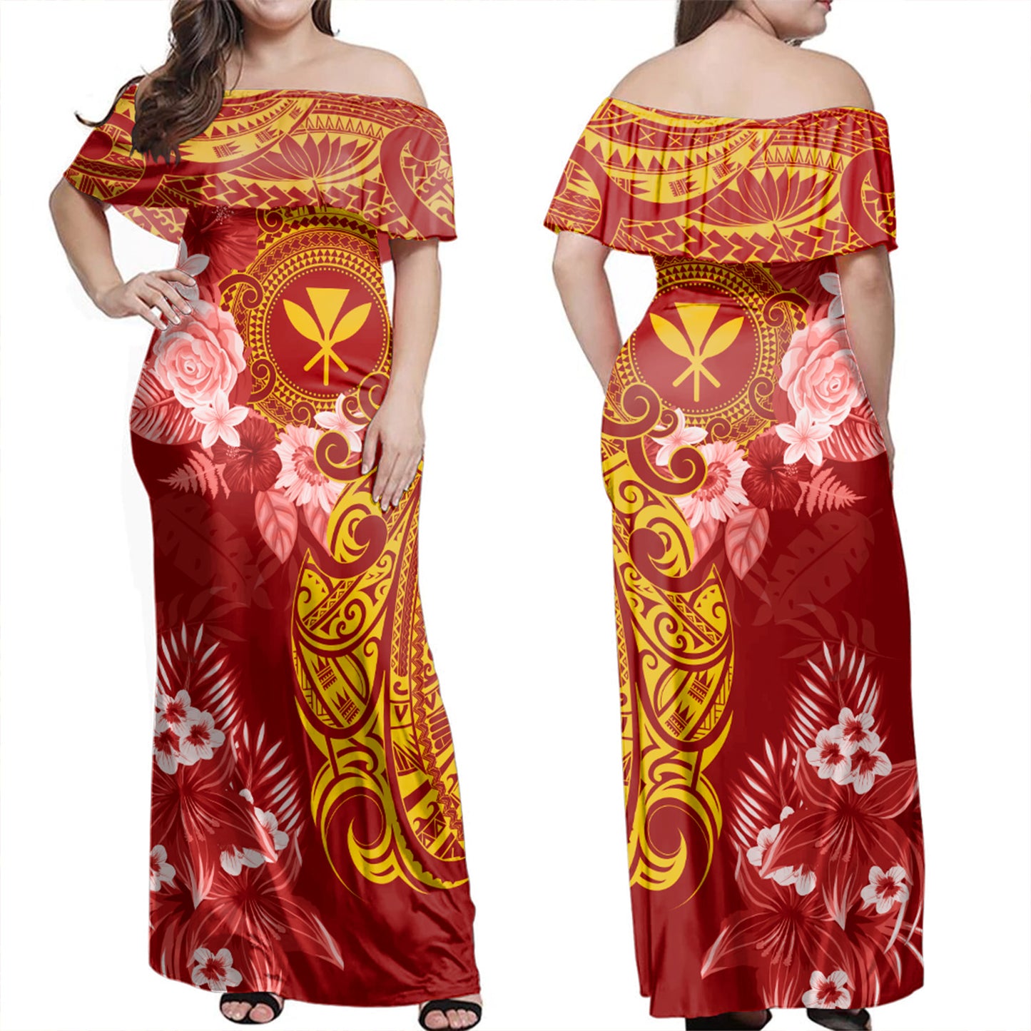 Hawaii Kanaka Maoli Off Shoulder Long Dress Polynesian Tropical Plumeria Tribal Red