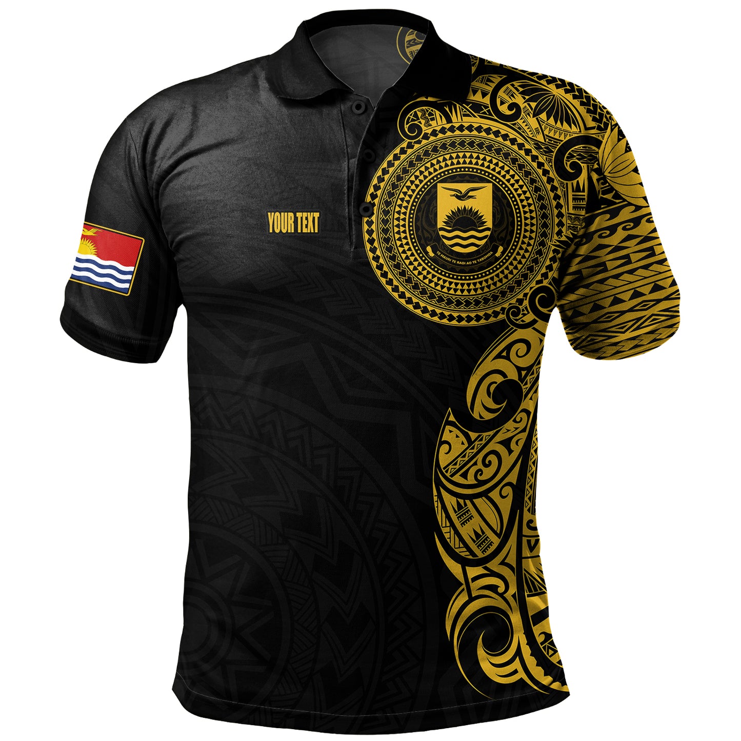 Kiribati Polo Shirt Custom Polynesian Half Sleeve Gold Tattoo With Seal Black