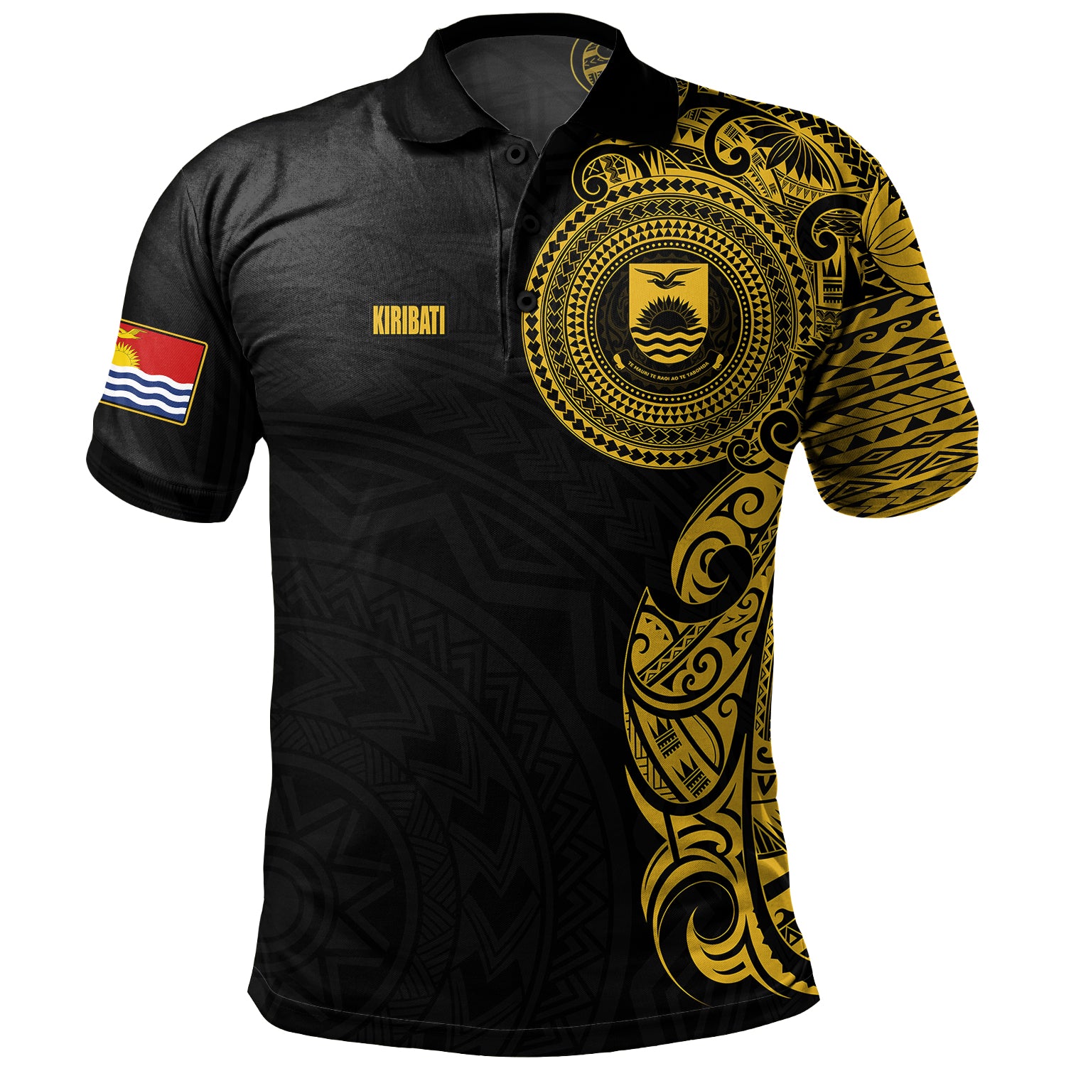 Kiribati Polo Shirt Custom Polynesian Half Sleeve Gold Tattoo With Seal Black