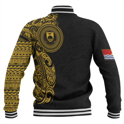 Kiribati Baseball Jacket Custom Polynesian Half Sleeve Gold Tattoo With Seal Black