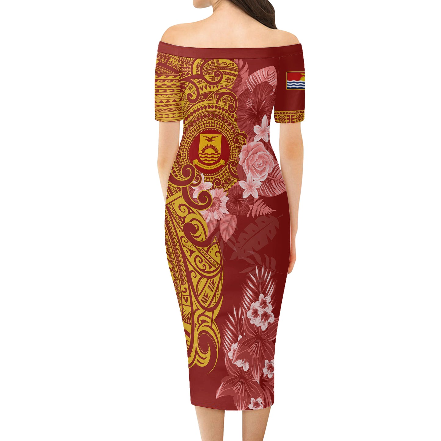 Kiribati Short Sleeve Off The Shoulder Lady Dress Polynesian Tropical Plumeria Tribal Red