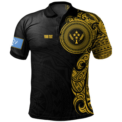 Kosrae Polo Shirt Custom Polynesian Half Sleeve Gold Tattoo With Seal Black