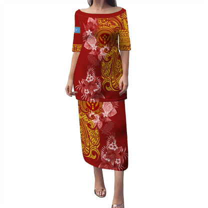 Kosrae Combo Puletasi And Shirt Polynesian Tropical Plumeria Tribal Red