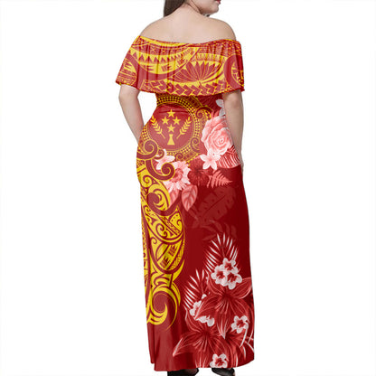 Kosrae Combo Off Shoulder Long Dress And Shirt Polynesian Tropical Plumeria Tribal Red