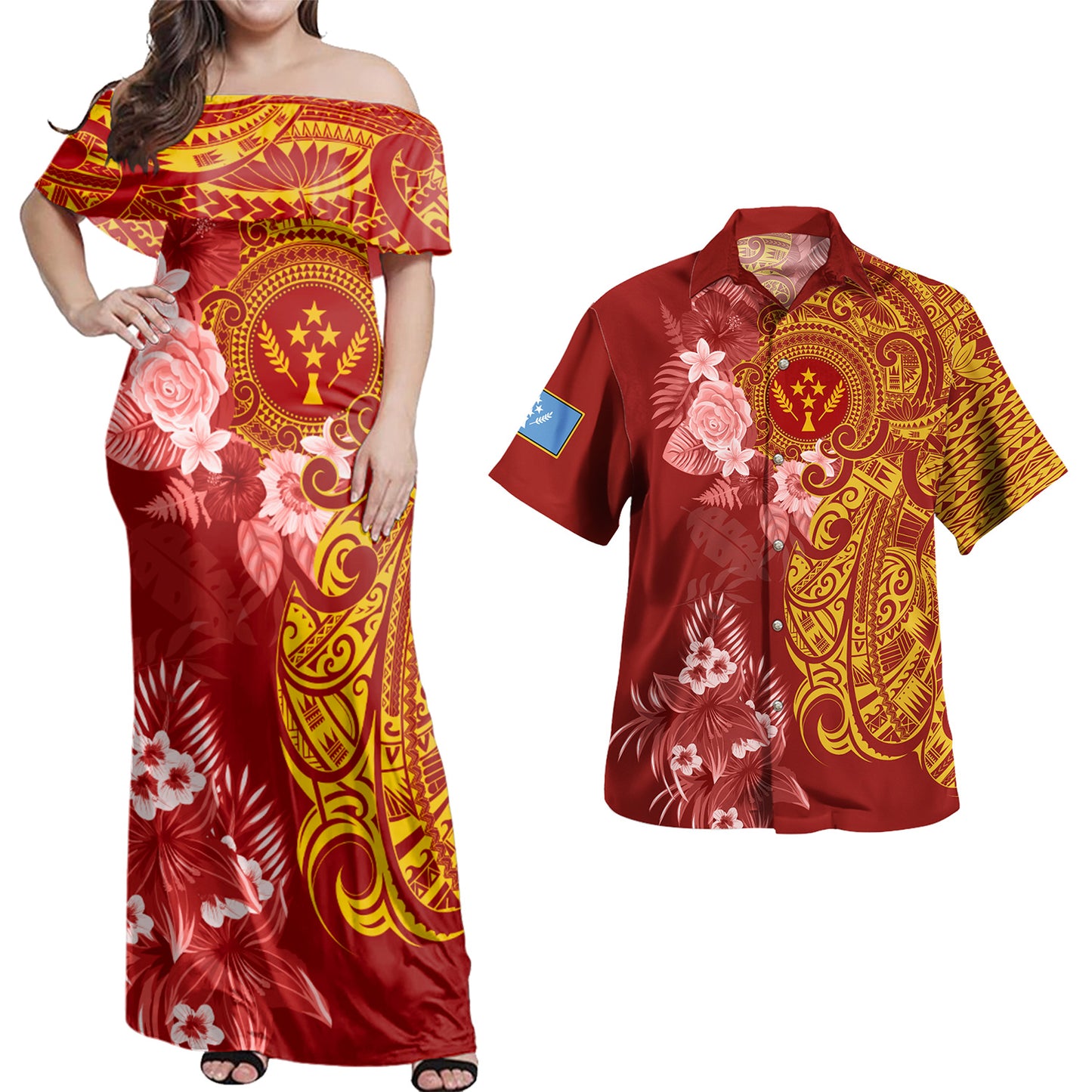 Kosrae Combo Off Shoulder Long Dress And Shirt Polynesian Tropical Plumeria Tribal Red