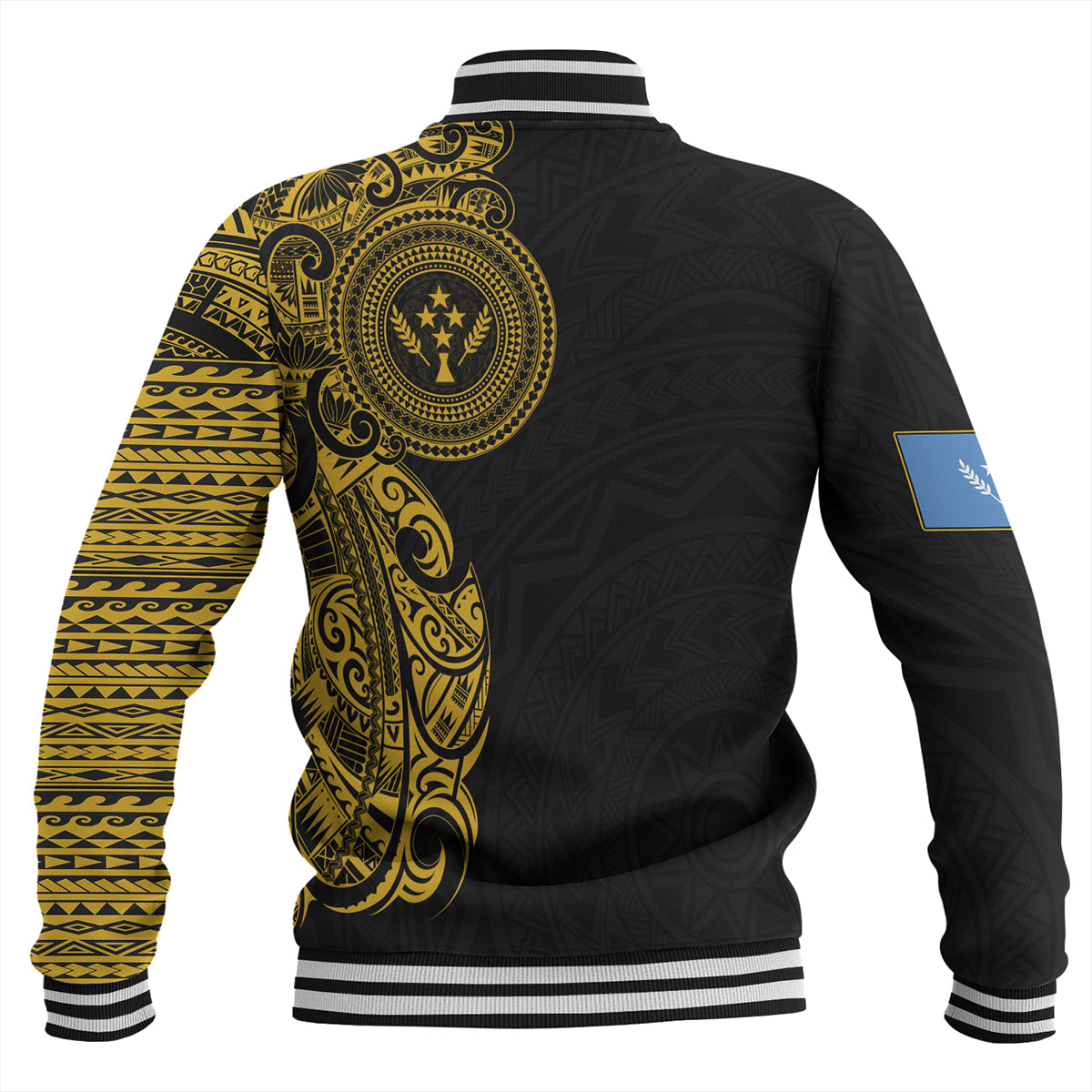 Kosrae Baseball Jacket Custom Polynesian Half Sleeve Gold Tattoo With Seal Black