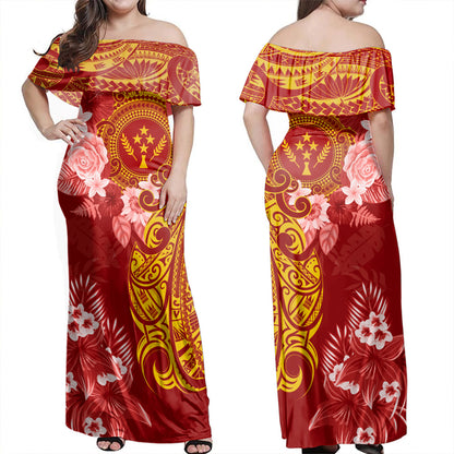 Kosrae Off Shoulder Long Dress Polynesian Tropical Plumeria Tribal Red