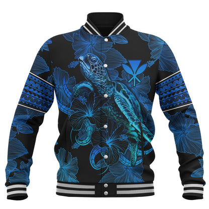 Hawaii Kanaka Maoli Baseball Jacket Sea Turtle With Blooming Hibiscus Flowers Tribal Blue