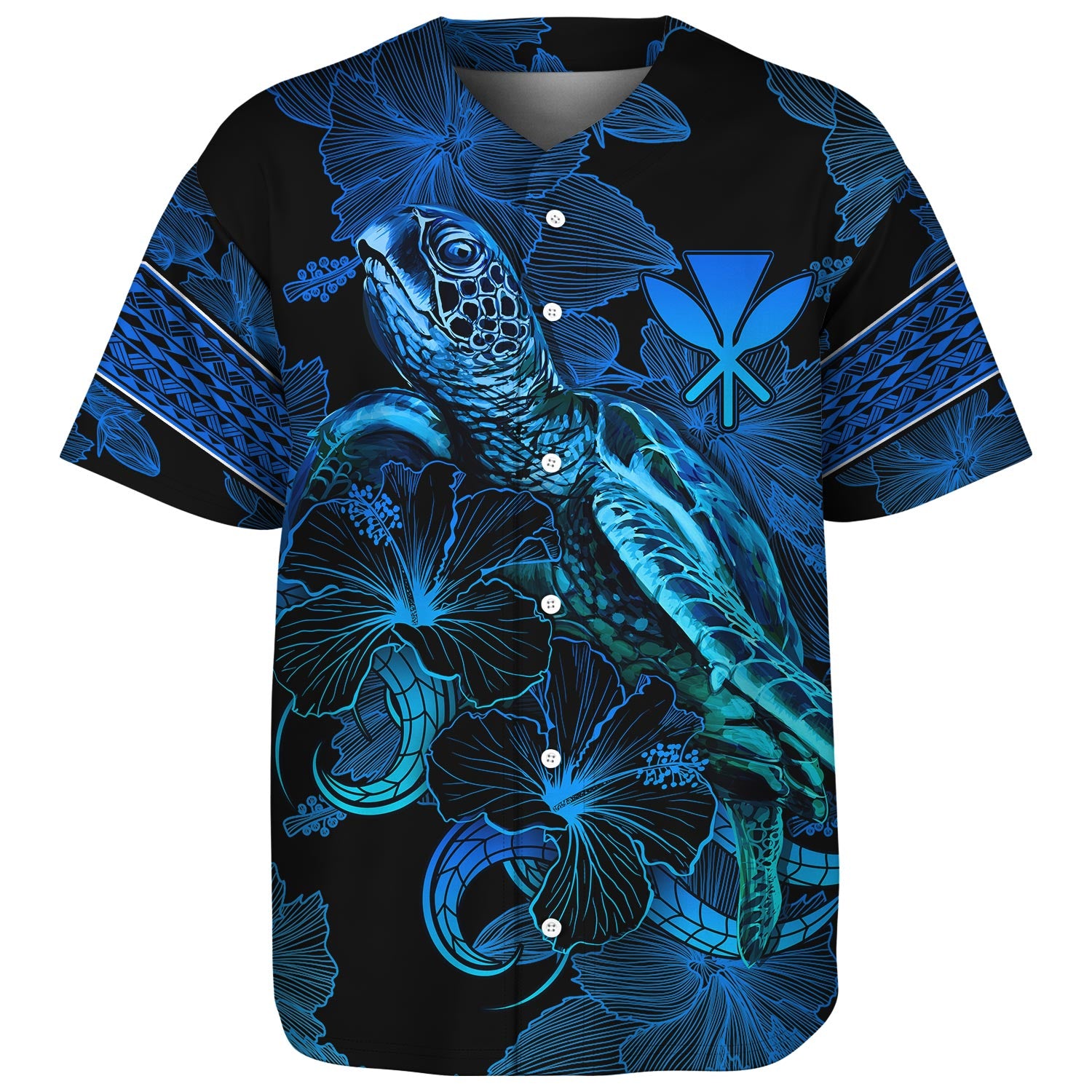 Hawaii Kanaka Maoli Baseball Shirt Sea Turtle With Blooming Hibiscus Flowers Tribal Blue