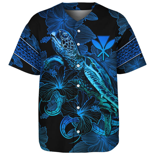 Hawaii Kanaka Maoli Baseball Shirt Sea Turtle With Blooming Hibiscus Flowers Tribal Blue