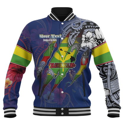 Hawaii Baseball Jacket Custom Kanaka Maoli Blood Inside Me Polynesian Sleeve Tattoo Tropical Blue