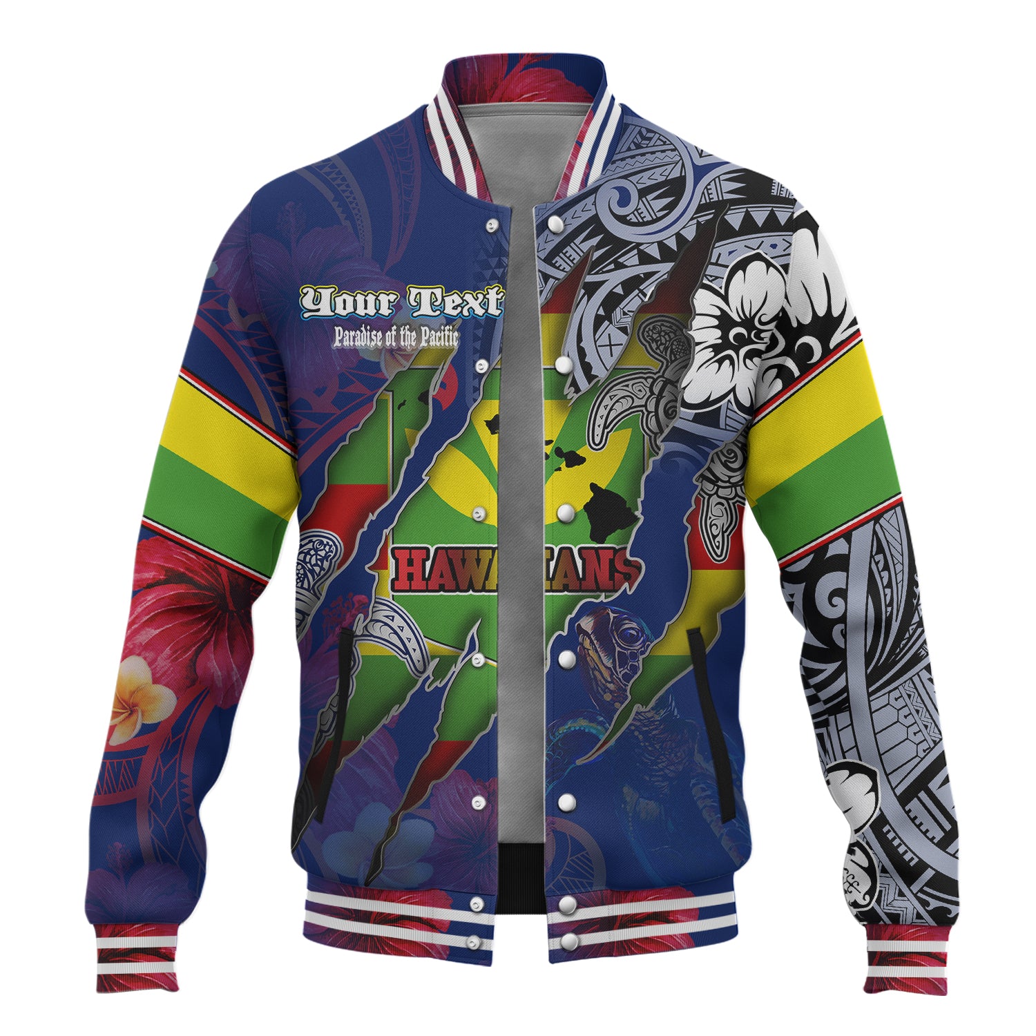 Hawaii Baseball Jacket Custom Kanaka Maoli Blood Inside Me Polynesian Sleeve Tattoo Tropical Blue
