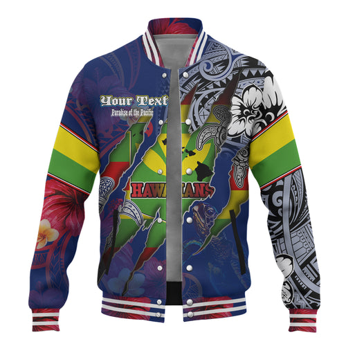 Hawaii Baseball Jacket Custom Kanaka Maoli Blood Inside Me Polynesian Sleeve Tattoo Tropical Blue
