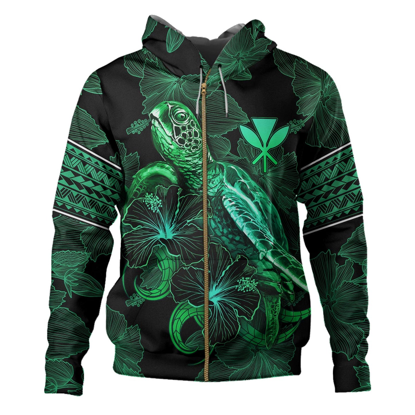 Hawaii Kanaka Maoli Hoodie  Sea Turtle With Blooming Hibiscus Flowers Tribal Green
